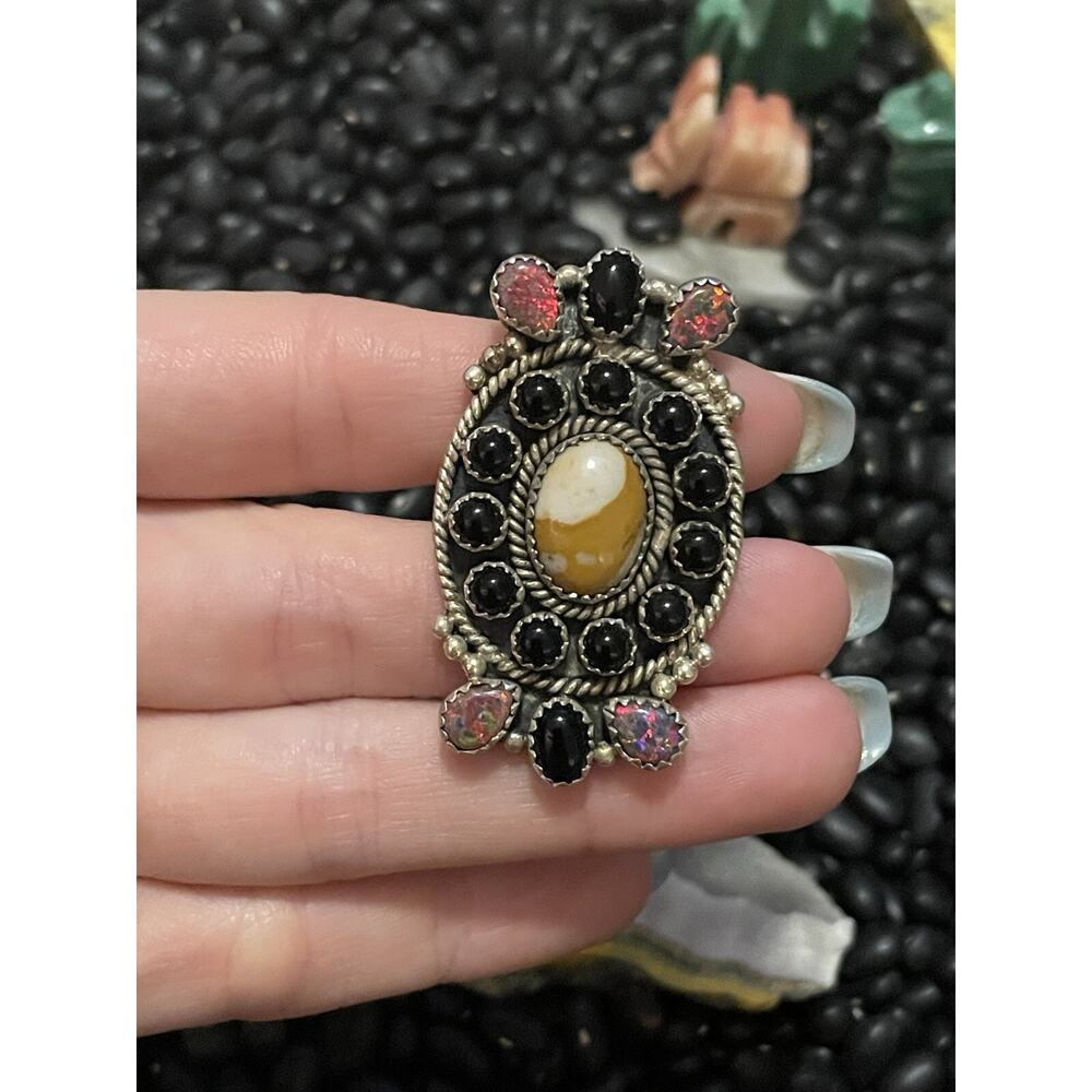 Native Southwest Sterling Silver Black Onyx Fire Opal & Agate Cluster Ring~Adj